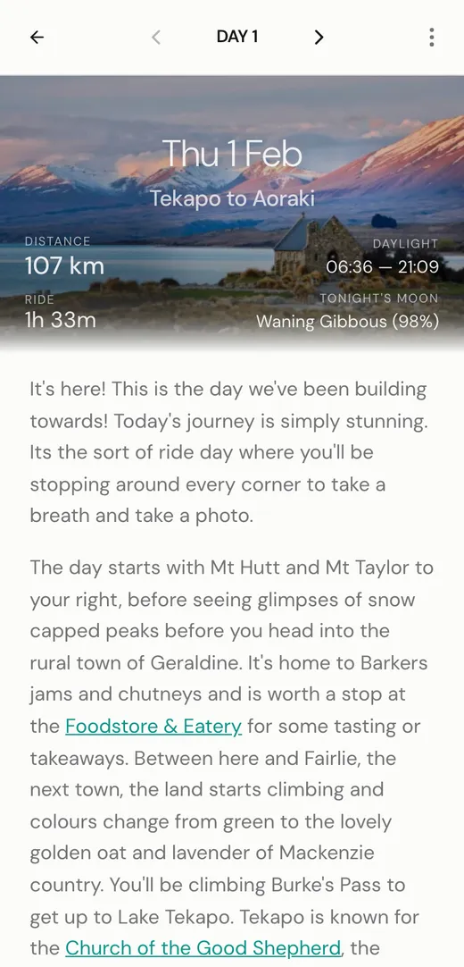 Day 1 of the sample journey in the app: Tekapo to Aoraki, 107 km, the photo of the Church of the Good Shepherd