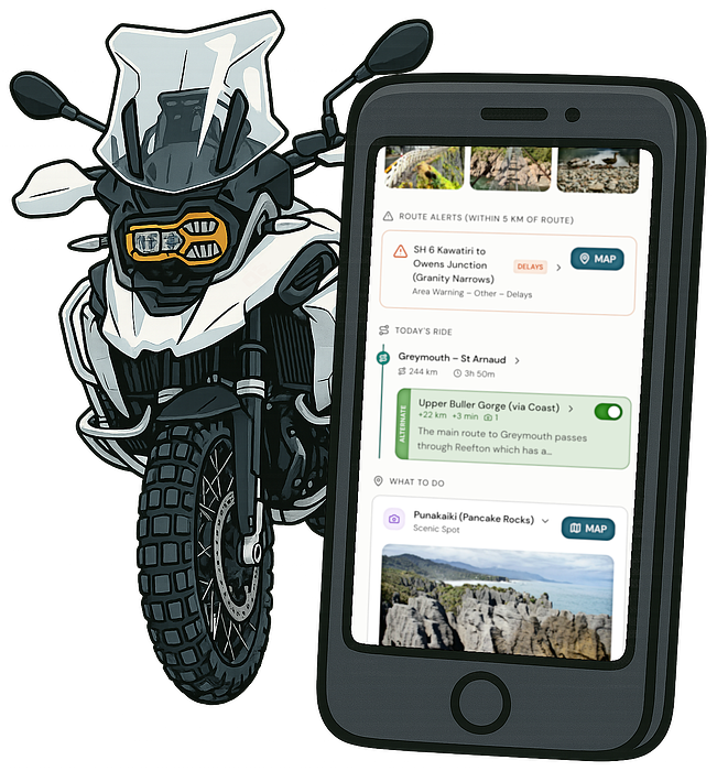 Cartoon of BMW adventure motorcycle and mobile phone showing navigation app