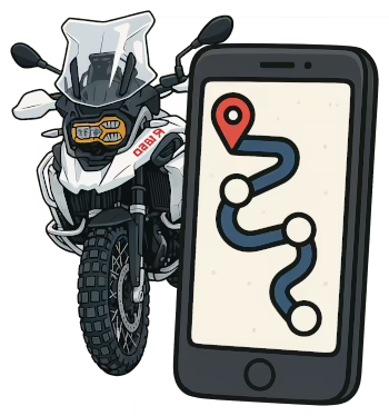 Cartoon of BMW adventure motorcycle and mobile phone showing navigation app