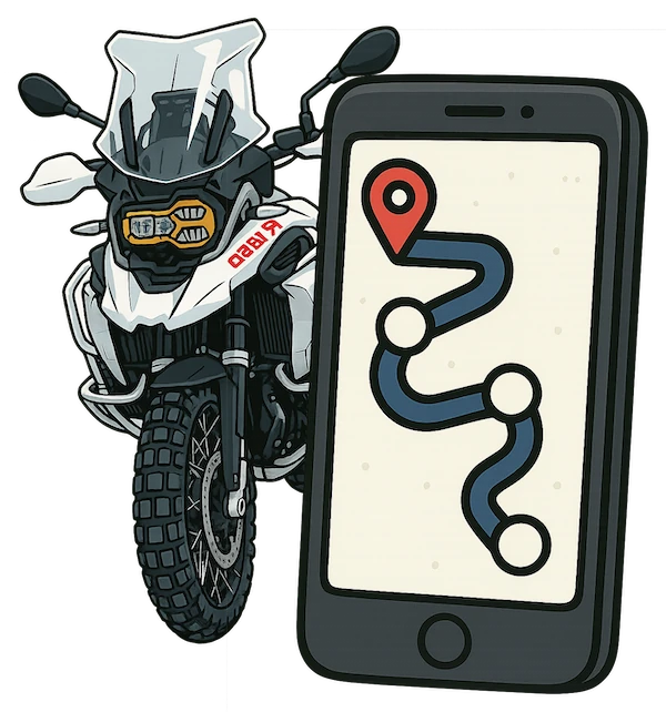 Cartoon of BMW adventure motorcycle and mobile phone showing navigation app