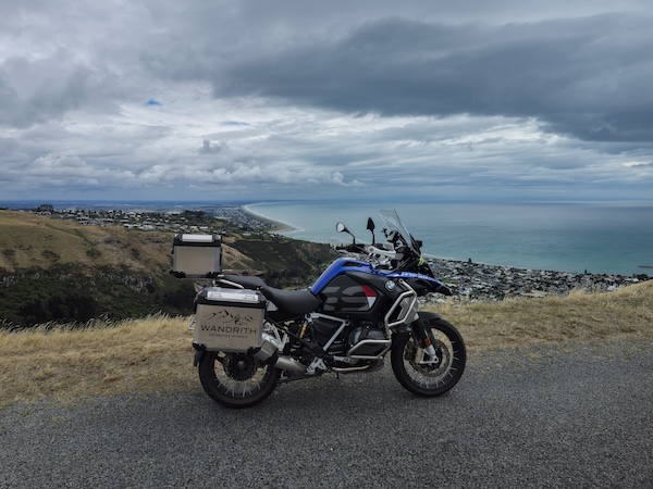 BMW adventure motorcycle against a New Zealand skyline